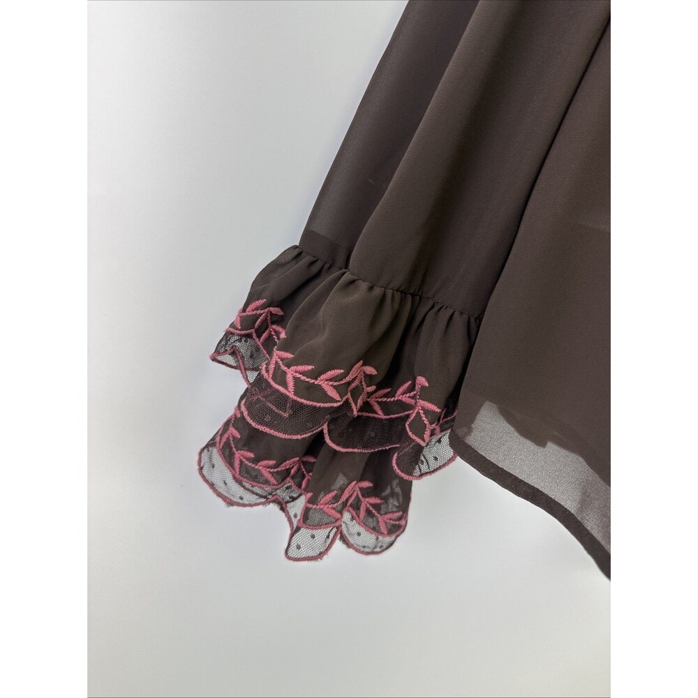 Anthropologie Long Sleeve Applique Blouse Brown Pink Embroidered Ruffle Chiffon - Picture 2 of 12